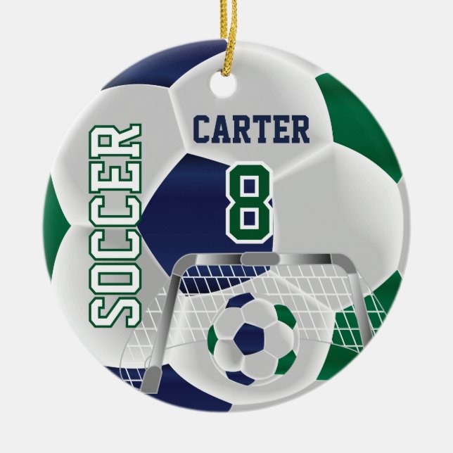 Green, White & Dark Blue Personalize Soccer ⚽ Keramik Ornament (Vorne)