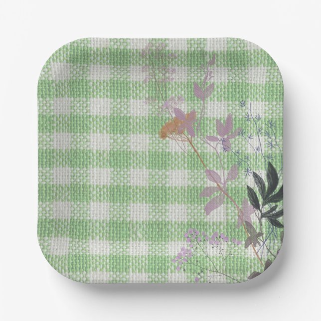 Green White Floral Gingham Kariert Country Farm Pappteller (Vorderseite)
