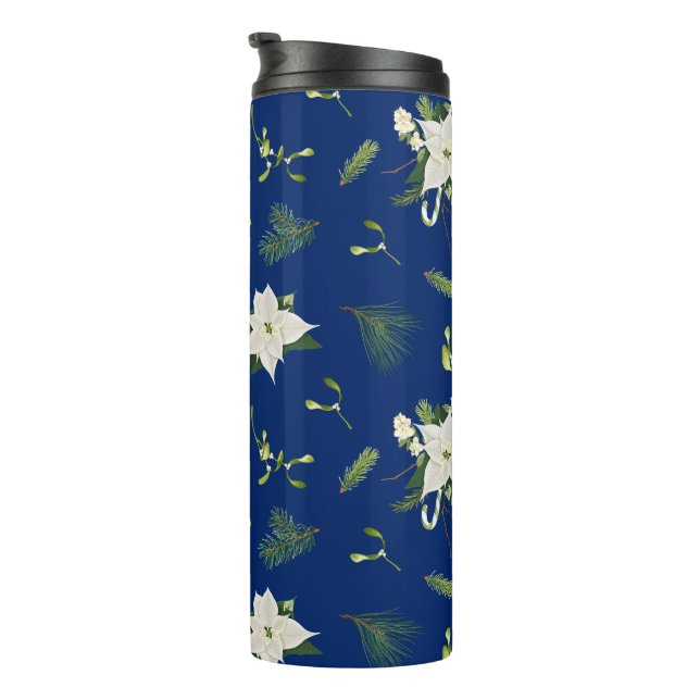 Green White Floral Pattern on Navy Thermosbecher (Nach rechts gedreht)