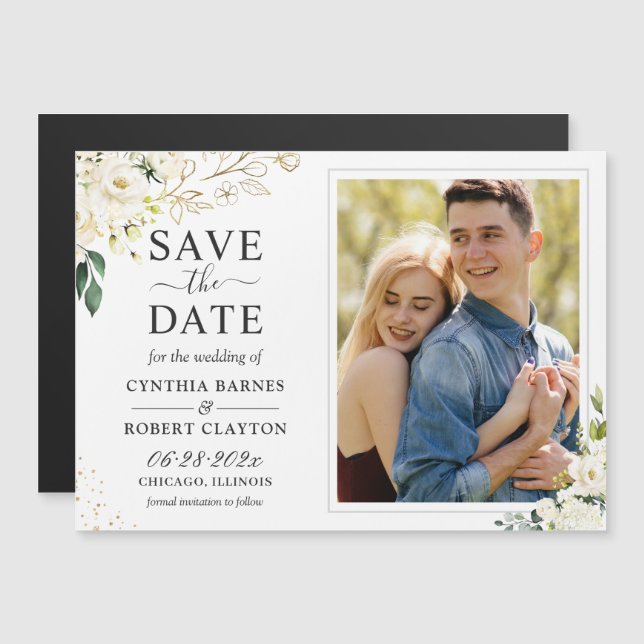 Green White Floral Photo Save the Date Magnet (Devant / Derrière)