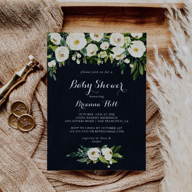 Green White Floral Royal Blue Baby Dusche Einladung (Von Creator hochgeladen)