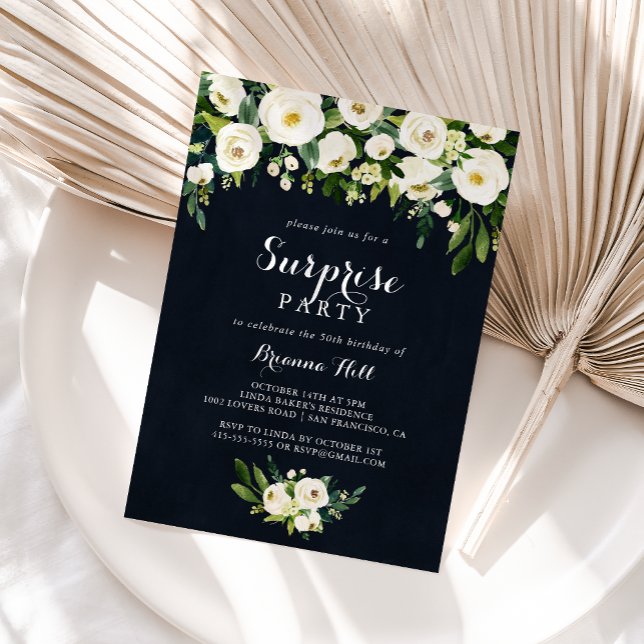 Green White Floral Royal Blue Surprise Party Einladung (Von Creator hochgeladen)