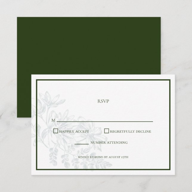 Green White Floral Simple Wedding RSVP Card (Vorne/Hinten)