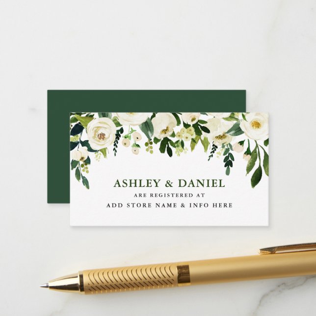 Green White Floral Wedding Registrierungskarte Bei Begleitkarte (Vorderseite/Rückseite Beispiel)