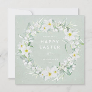 Green + White Floral Wreath Happy Oaster Flat Card Einladung