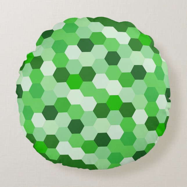 Green White Geometric Hexagon Rundes Kissen (Vorderseite)