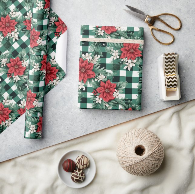Green White Gingham Poinsettia Xmas Blumenmuster Geschenkpapier (Kunsthandwerk)