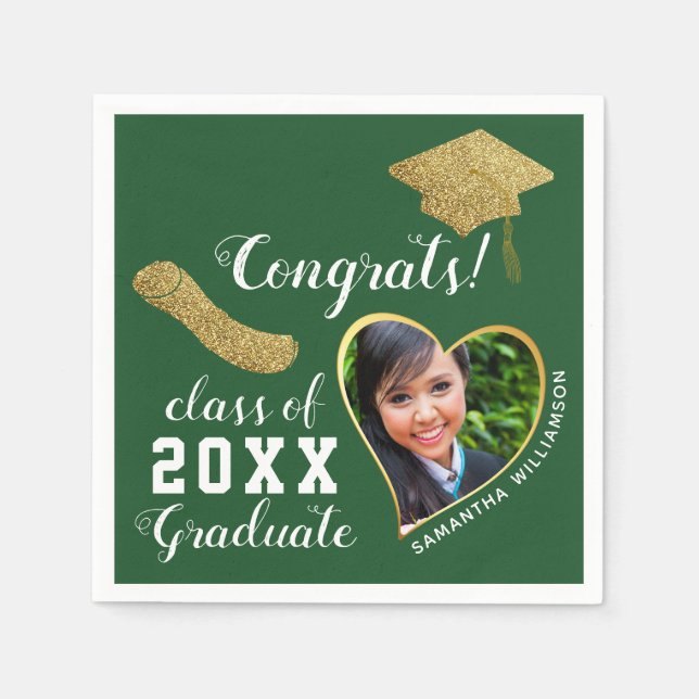 Green White Gold Class 2025 Grad Foto Abschluss Serviette (Vorderseite)