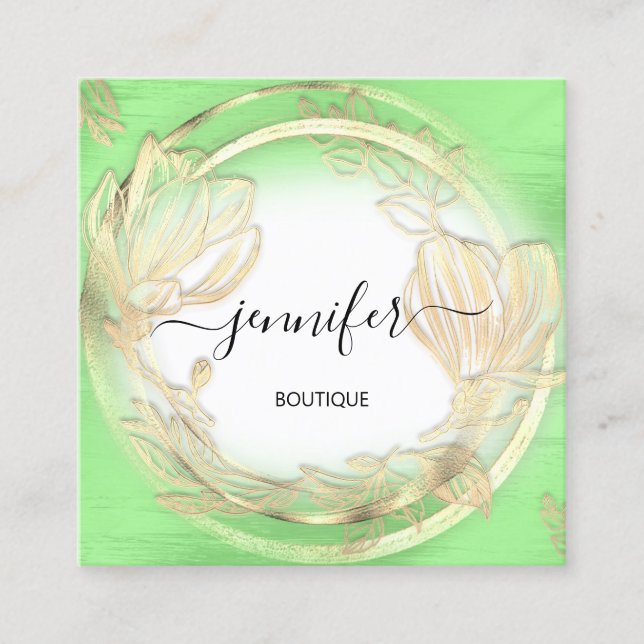 Green White Gold Floral QRCode Logo Quadratische Visitenkarte (Vorderseite)