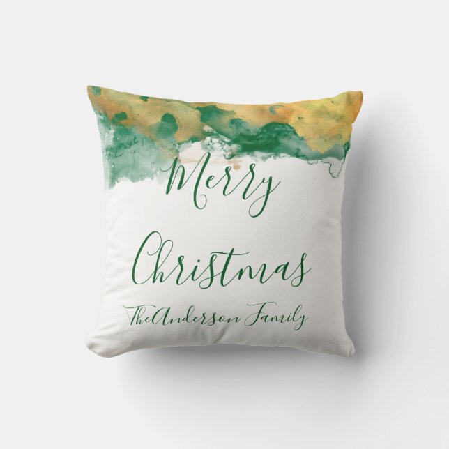 Green White Gold Monogram Frohe Weihnachten Kissen (Vorderseite)