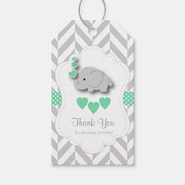 Green, White Gray Elephant Baby Dusche Danke Geschenkanhänger (Vorderseite)