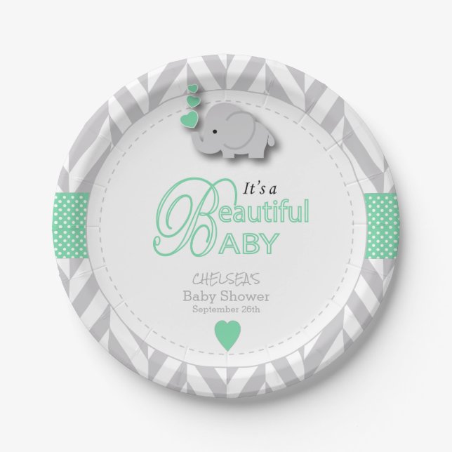 Green, White Gray Elephant Baby Dusche Pappteller (Vorderseite)