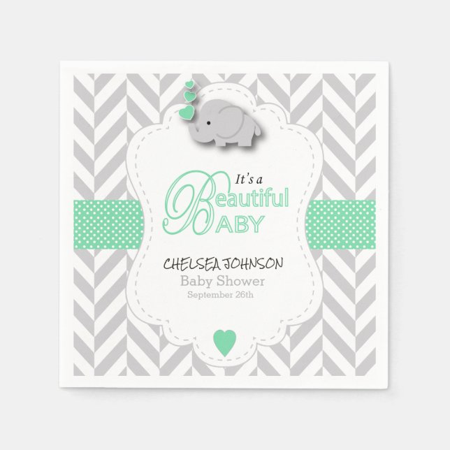 Green, White Gray Elephant Baby Dusche Serviette (Vorderseite)
