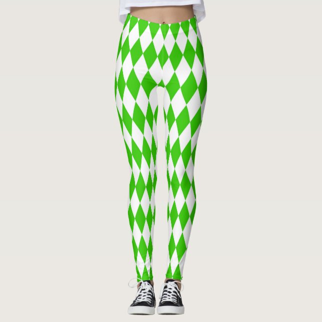 Green White Harlequin Diamonds Schachbretts Design Leggings (Vorderseite)