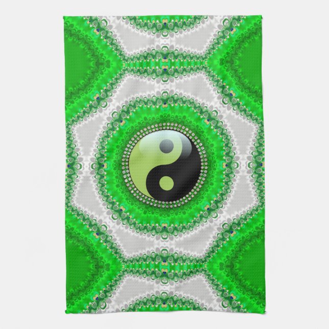 Green White Hexagon Swirl YinYang Kitchen Tuch (Vertikal)
