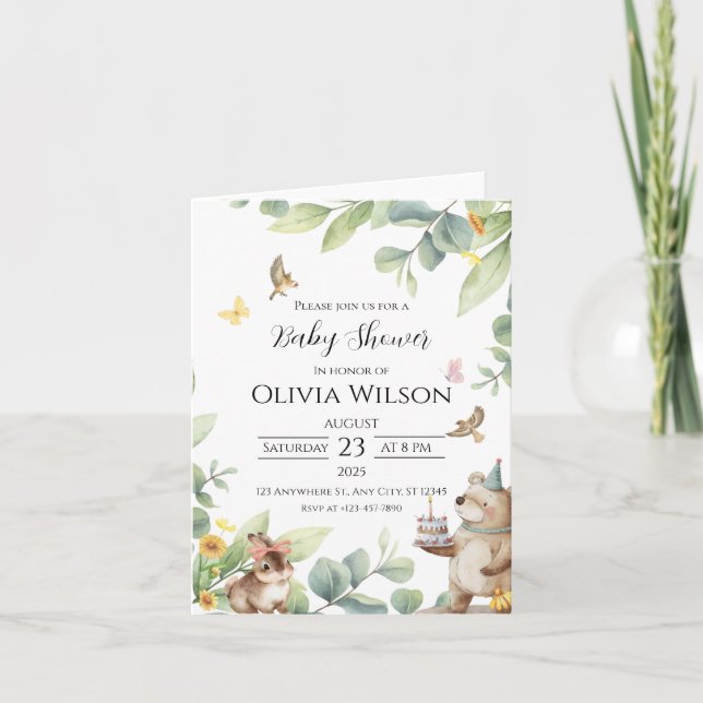 Green White Illustriert Birds Baby Dusche Invitati Einladung (Vorderseite)