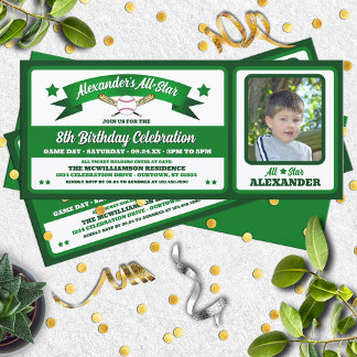 Green & White Photo Baseball Game Ticket Birthday Einladung
