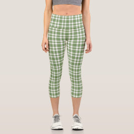 Green White Plaid Pattern Capri Leggings