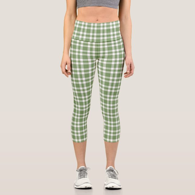 Green White Plaid Pattern Capri Leggings (Vorderseite)