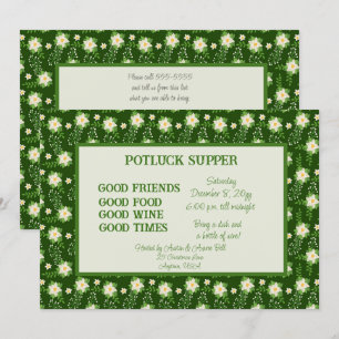 Green White Poinsettia Christmas POT LUCK Supper Einladung