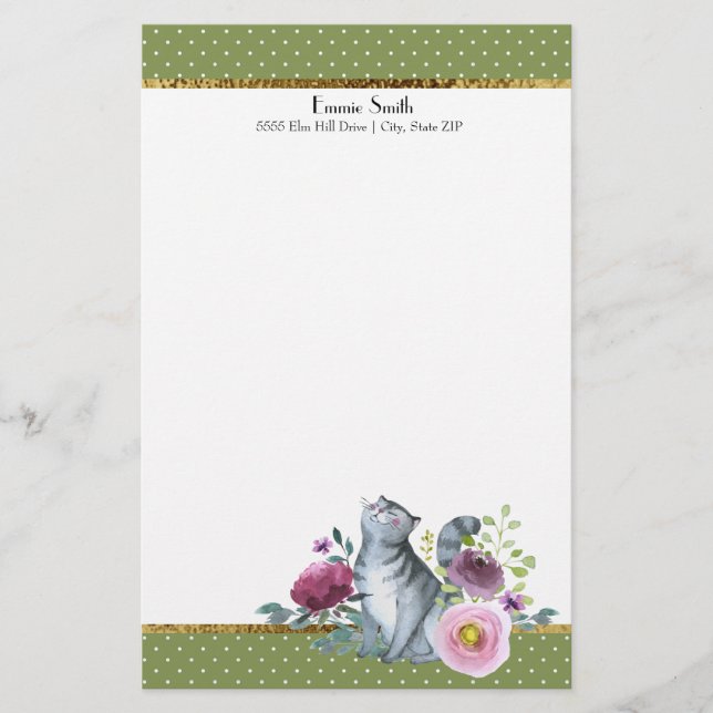 Green White Polka Dots Gold Gray Cat Blume Briefpapier (Vorderseite)