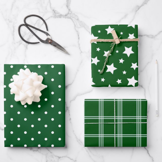 Green White Polka Dots Stars Karierter Urlaub Geschenkpapier Set (Vorderseite)