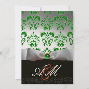 GREEN WHITE RIBBON & BLACK DAMASK MONOGRAMM Gold Einladung