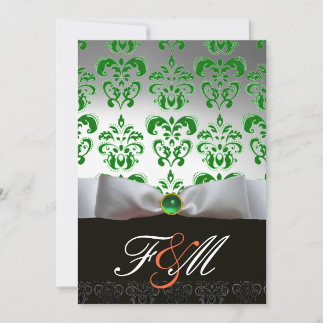 GREEN WHITE RIBBON & BLACK DAMASK MONOGRAMM Orange Einladung (Vorderseite)