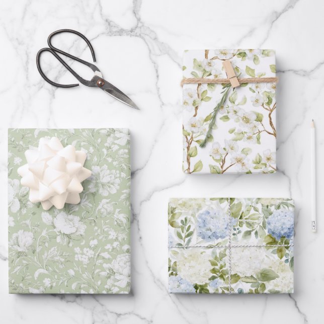 Green White Romantic Floral Bridal Shower Geschenkpapier Set (Vorderseite)