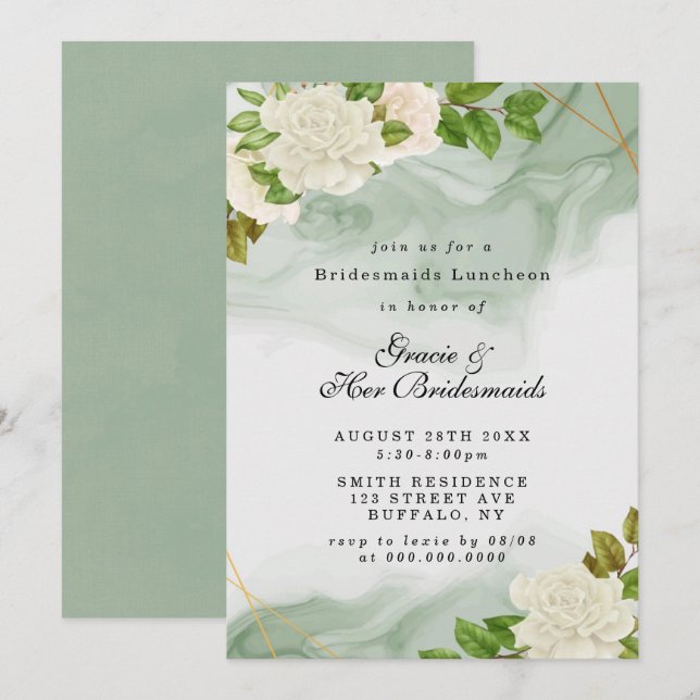Green White Roses Bridesmaids Luncheon Einladungen (Vorne/Hinten)