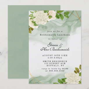 Green White Roses Bridesmaids Luncheon Invitations