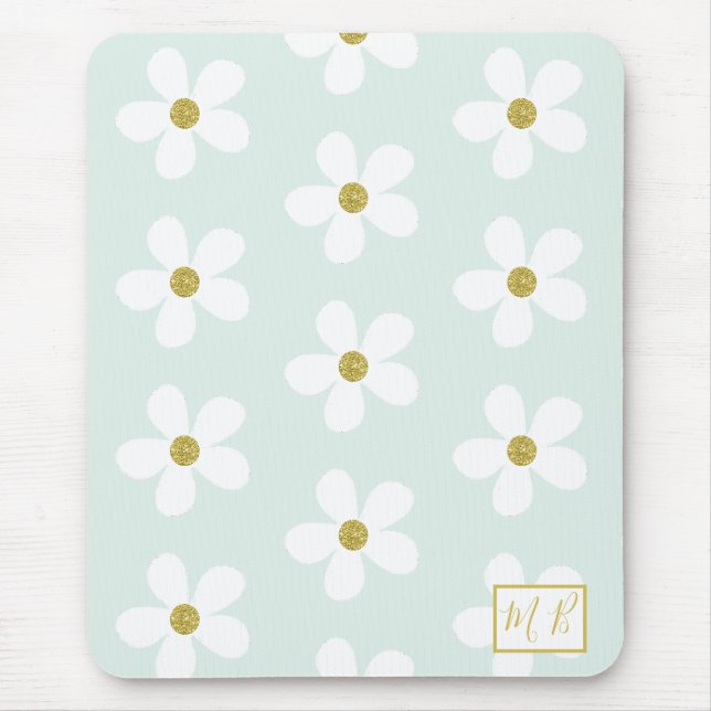 Green White Simple Daisy Gold Monogram Mousepad (Vorne)