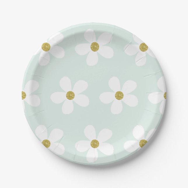Green White Simple Daisy Pattern Gold Pappteller (Vorderseite)