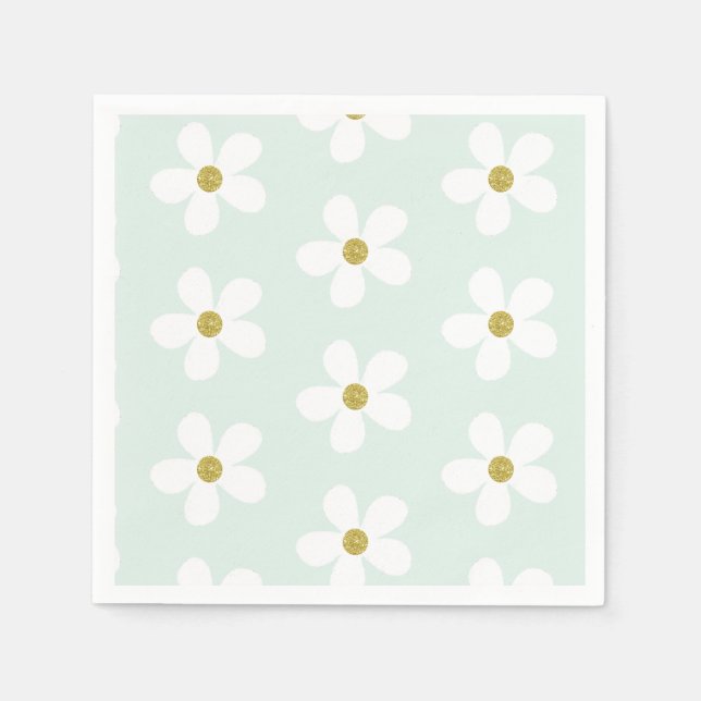 Green White Simple Daisy Pattern Gold Serviette (Vorderseite)