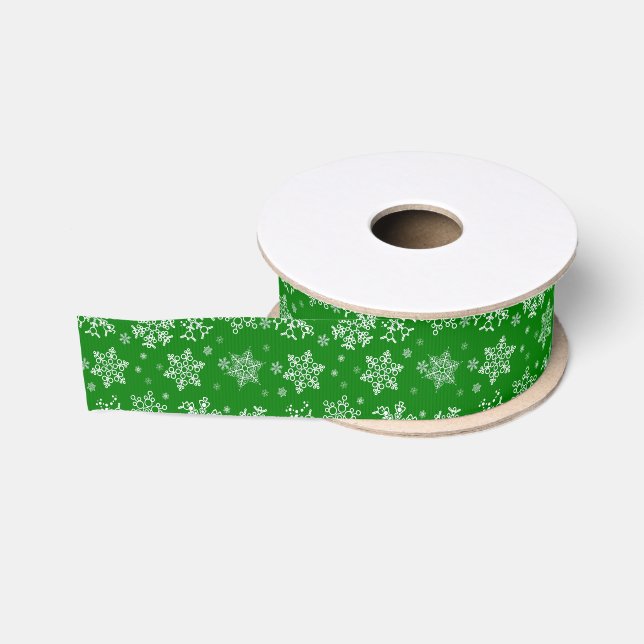 Green White Snowflakes Pattern Ripsband (Spule)