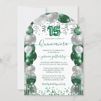 Green White Sparkle Foto Quinceañera Balloon Einladung