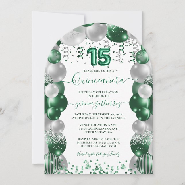 Green White Sparkle Foto Quinceañera Balloon Einladung (Vorderseite)