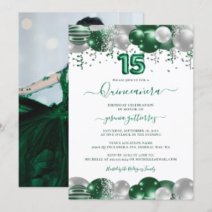 Green White Sparkle Foto Quinceañera Balloon Einladung