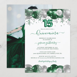 Green White Sparkle Foto Quinceañera Balloon Einladung