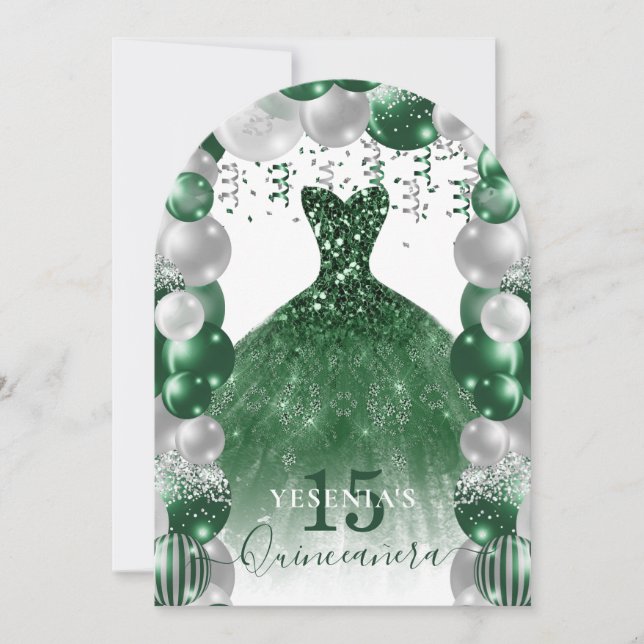 Green White Sparkress Quinceañera Ballon Einladung (Vorderseite)