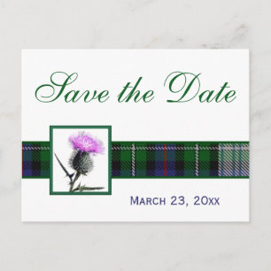 Green, White Tartan Thistle Save the Date Postcard Ankündigungspostkarte