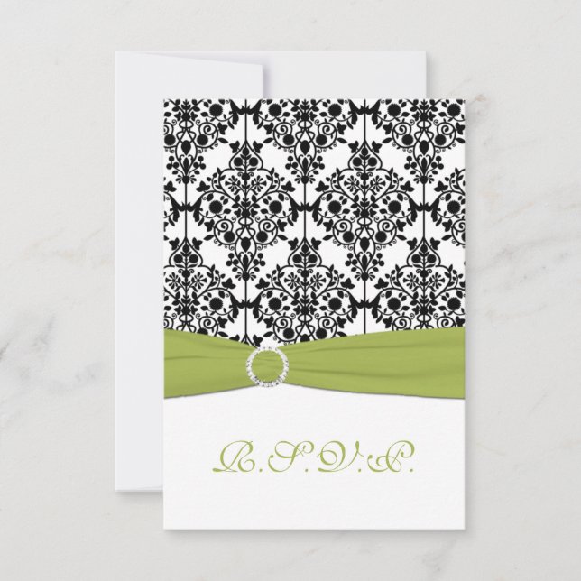 Green, White und Black Damask III Antwortkarte Einladung (Vorderseite)