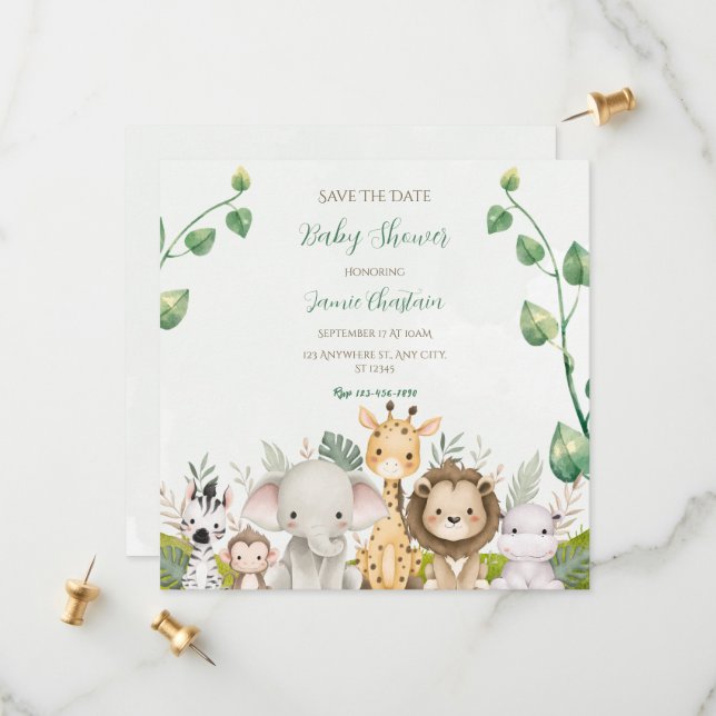 Green White Watercolor Babydusche Save the Date (Vorderseite/Rückseite Beispiel)