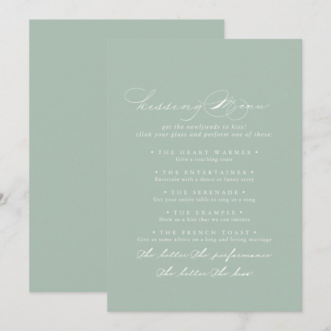Green White Wedding Kissing Menu Game Card (Vorne/Hinten)