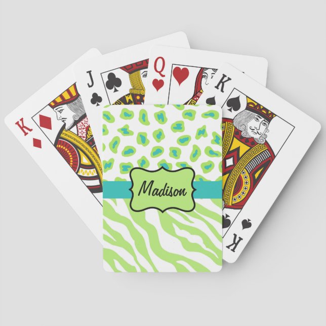 Green White Zebra Leopard Skin Name Personalisiert Spielkarten (Rückseite)