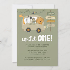 Green Wild One Safari Animals Erster Geburtstag  Einladung