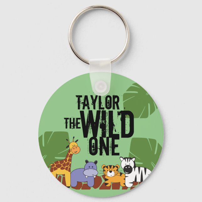 Green Wild One Safari Tiere Personalisiert Schlüsselanhänger (Vorderseite)