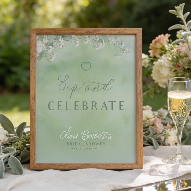 Green Wildflower Sip and Celebrate Sign Poster (Sip and Celebrate Bridal Shower Sign)