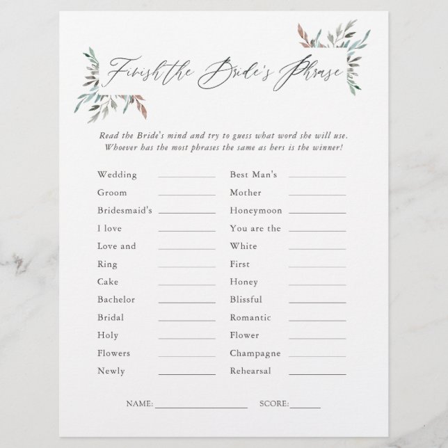 Green Winter Brautparty Phrases Game (Vorderseite)