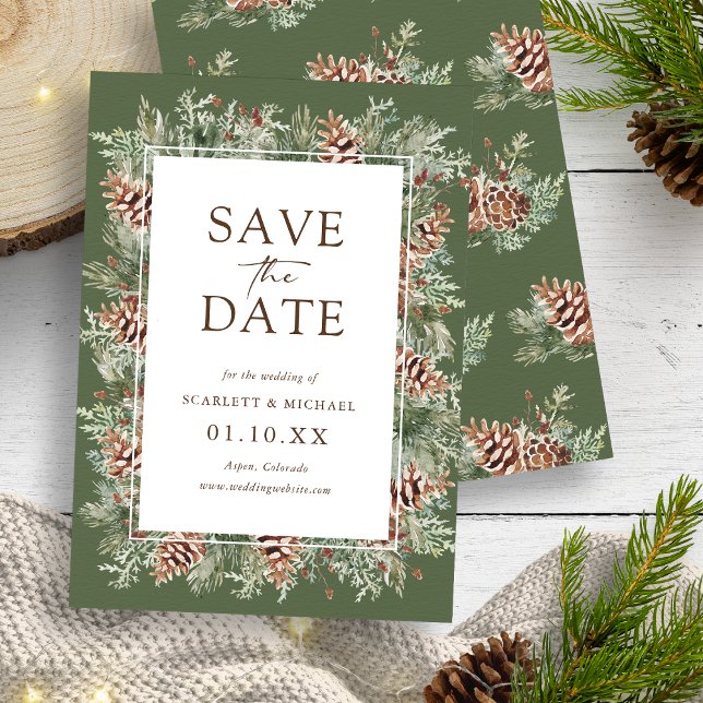 Green Winter Enregistrer La Carte Date (Hunter Green Pinecone Evergreen Winter Save The Date Card by Painted Paperie
)